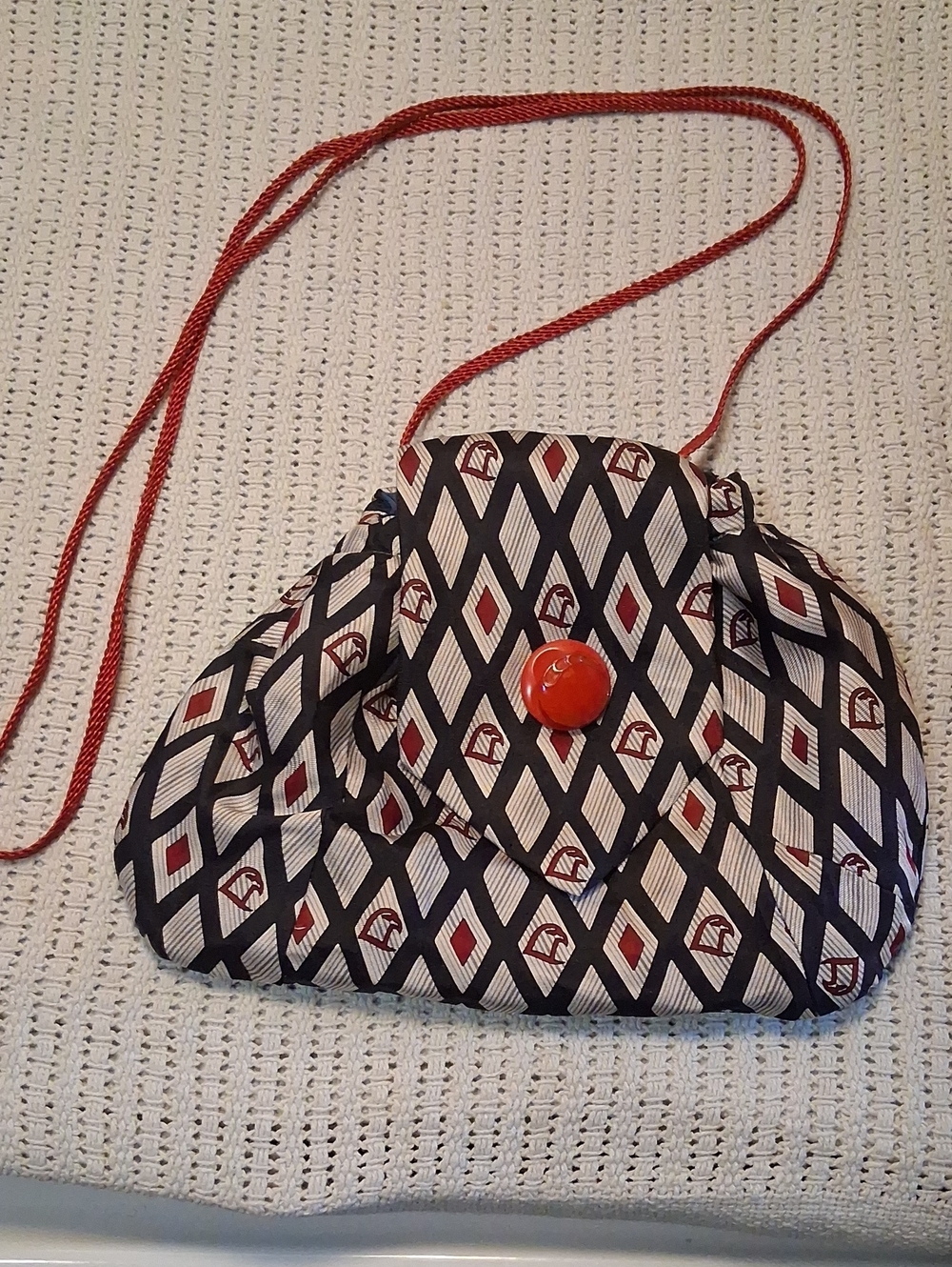 Geometric Pattern Bag in Navy, Grey & Red-(Made From Mens Silk Ties)